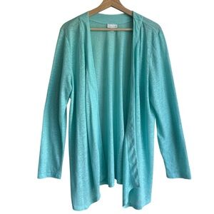 J Jill Love Linen Open Front Cardigan Teal Blue Lightweight Coastal Lagenlook L